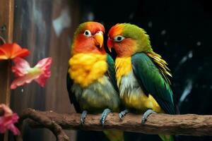ai generato piumato romanza amore uccelli avvicinamento, in mostra vivace e bellissimo tonalità foto