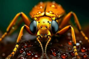 ai generato delicato dettagli macro insetto raffigurato meravigliosamente su il foglia foto