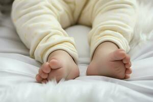 ai generato di andare a dormire la tranquillità babys piedi pacificamente addormentato, riposo nel letto foto
