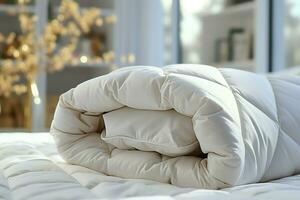 ai generato letto decorazione lusso bianca cuscino e lenzuolo, squisito giù consolatore foto