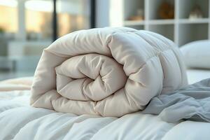 ai generato lusso concetto confortevole bianca cuscino e lenzuolo, opulento giù consolatore foto