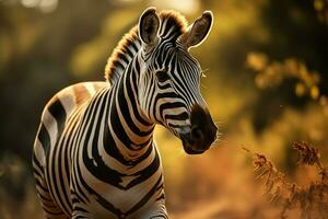 ai generato zebre bellezza un' dettagliato ritratto contro il fondale di il foresta foto