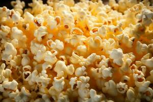 ai generato Popcorn noccioli scoppiare su un' sfondo, formatura un' strutturato e appetitoso Schermo foto