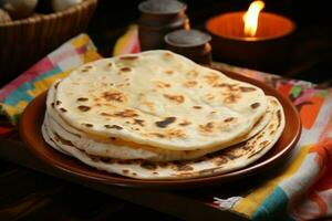 ai generato fatti in casa calore roti chapati, un' delizioso focaccia, grazie il tavolo foto