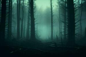 ai generato spaventoso fascino nebbioso foresta sfondo evocando un' inquietante atmosfera, 3d foto