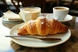 ai generato prima colazione beatitudine catturato nel un' piatto con brioche e caffè foto