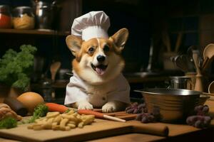 ai generato culinario fascino un' corgi cane capocuoco Aggiunge fiuto e carineria per cucinando sforzi foto