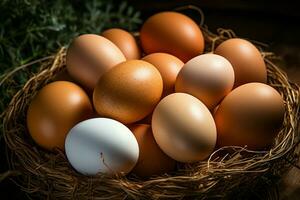 ai generato salutare concetto di legno nido traboccante con un abbondanza di fresco di fattoria uova foto