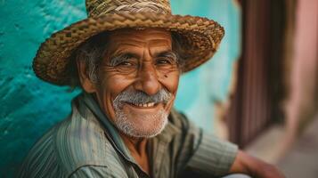 ai generato ritratto di un' povero anziano latino americano. un' ridendo contento uomo. ai generato illustrazione. foto