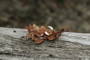 un' paio di oro anelli su un' di legno sfondo. rustico nozze anelli con un' Opaco superficie. gioielleria per natura Gli amanti foto
