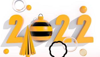 felice anno nuovo 2022. numeri 3d con forme geometriche e palla di natale su sfondo bianco. rendering 3d foto