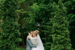 ritratto di il sposa e sposo in piedi contro il sfondo di verde alberi, abbracciare e baciare. elegante sposo. moda e stile. bellissimo sposa foto