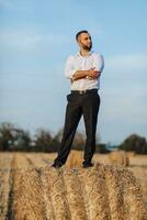 nozze ritratto foto. un' elegante sposo nel un' bianca camicia pose su un' fieno balla contro un' blu cielo sfondo. barbuto uomo. stile. foto