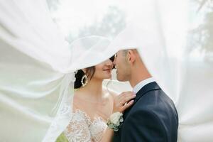 un' dai capelli ricci brunetta sposa nel un' bianca vestito e un' velato sposo abbraccio e bacio. ritratto di il sposa e sposo. bellissimo trucco e capelli. nozze nel natura foto