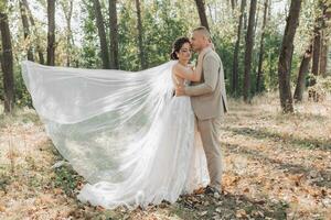 nozze foto. il sposa e sposo siamo in piedi nel il foresta abbracciare, il sposo teneramente baci il suo Amati su il fronte. un' velo quello cascate meravigliosamente nel il aria. coppia nel amore. estate luce. foto