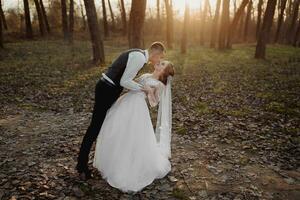 nozze foto. il sposa e sposo siamo a piedi nel il foresta. il sposo abbracci il suo Amati di il le spalle e baci suo. lungo nozze vestire. un' coppia nel amore tra alto alberi. autunno luce del sole. foto