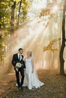 sposa e sposo su il sfondo di un' fiaba nebbia nel il foresta. il raggi di il sole rompere attraverso il Fumo, un' fiaba nozze foto