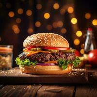 ai generato hamburger festa, Affamato hamburger su di legno tavolo nel sfondo ai generato foto