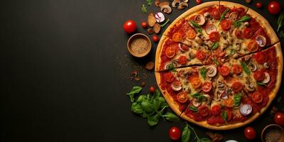 ai generato piatto posare con Pizza. delizioso Pizza con verdure e salsiccia, superiore Visualizza, con spazio per testo foto