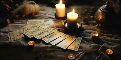 ai generato mistico rituale con candele e tarocco carte, superiore Visualizza foto