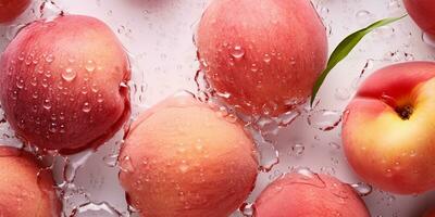 ai generato fresco Pesche nel acqua. maturo frutta foto