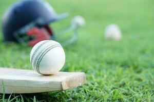 cricket kit, casco, cricket palle e pipistrello su erba campo. concetto, sport attrezzatura. bene conosciuto competitivo sport. cricket è un' Mazza e palla gioco giocato fra Due squadre di undici Giocatori su un' campo foto