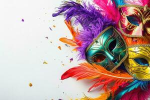 ai generato mardi gras carnevale colorato piume e maschere nel un' festivo celebrazione culturale stravaganza, ornato la creazione di un' gioioso, festivo tradizionale portare vita per un' celebrazione, bianca sfondo foto