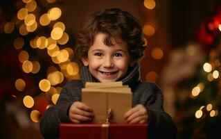 ai generato ritratto di un' contento ragazzo con buste guardare a il telecamera. Natale lettere per Santa foto