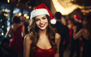 ai generato Natale festa bandiera con sorridente caucasico brunetta nel Santa cappello foto