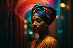 ai generato bellissimo africano donna nel un' turbante foto