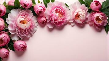 ai generato telaio con rosa peonie su leggero rosa sfondo. piatto posare stile. saluto carta modello per nozze, madri o womans giorno. primavera composizione con copia spazio foto