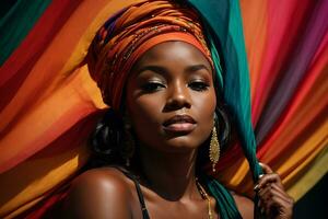 ai generato bellissimo africano donna nel un' turbante foto