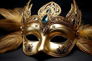 ai generato d'oro carnevale maschera decorato con cristalli e piume foto