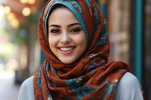 ai generato ritratto giovane donna indossare un' hijab foto