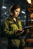 ai generato giovane femmina ingegnere nel verde uniforme con tavoletta nel sua mani Lavorando nel laboratorio di produzione azienda foto