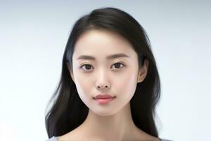 ai generato ritratto asiatico donna Perfetto pulito fresco pelle isolato su bianca sfondo. foto