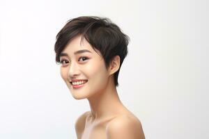 ai generato ritratto asiatico donna Perfetto pulito fresco pelle isolato su bianca sfondo. foto