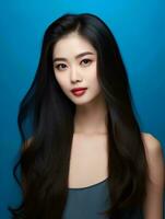 ai generato giovane bellezza giapponese donna lungo dritto capelli con coreano stile trucco e Perfetto pulito pelle su isolato blu sfondo, ai generativo foto