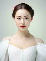 ai generato ritratto di giovane giapponese donna indossare balletto vestito su isolato bianca sfondo, ai generativo foto