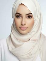 ai generato ritratto di un' giovane donna indossare un' hijab, un' bellezza Prodotto modello con un' bianca e pulito viso, elegantemente in posa, studio foto, isolato bianca sfondo foto
