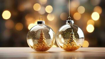 ai generato 3d interpretazione di bicchiere Natale bulbi con bokeh sfondo, Natale ornamenti su Natale albero con oro e bianca luci foto