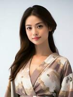 ai generato ritratto di un' giovane giapponese femmina modello indossare un' chimono in posa con grazia, isolato bianca sfondo, ai generativo foto