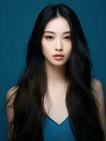 ai generato giovane bellezza giapponese donna lungo dritto capelli con coreano stile trucco e Perfetto pulito pelle su isolato blu sfondo, ai generativo foto