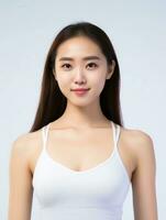 ai generato ritratto di giovane asiatico femmina bellezza modello indossare serbatoio superiore con pulito bianca pelle, studio foto, isolato bianca sfondo, ai generativo foto