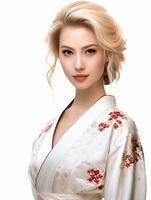 ai generato ritratto di giovane bionda giapponese femmina modello indossare chimono in posa con grazia, isolato bianca sfondo, generativo ai foto