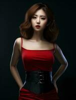 ai generato bellissimo coreano ragazza con peso capelli, indossare un' striminzito vestire, rosso labbra, tonica stomaco, generativo ai foto