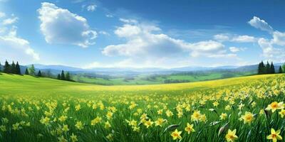 ai generato narciso fiori nel il campo con blu cielo Visualizza. generativo ai foto