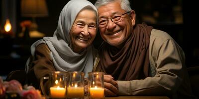 ai generato contento e romantico vecchio musulmano coppia. generativo ai foto