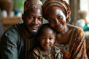 ai generato ritratto di un' contento africano musulmano famiglia nel tradizionale Abiti. generativo ai foto