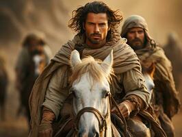 ai generato mezzo orientale uomo equitazione un' cavallo nel il deserto. arabo uomo equitazione cavallo. generativo ai foto